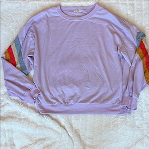 Women’s Easel Lavender Sweatshirt with Colorful Striped Sleeves